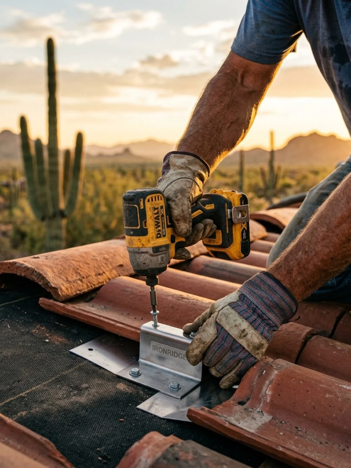 Arizona roofing contractor installing a stainless steel solar standoff bracket through Spanish terracotta tile and underlayment at golden hour.